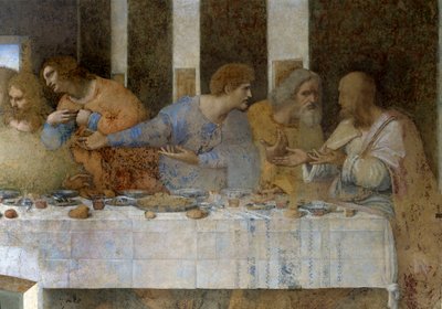 (detalle) de La Última Cena representando de izquierda a derecha a Tomás, Santiago el Mayor, Felipe, Mateo, Judas Tadeo y Simón el Zelote de Leonardo da Vinci