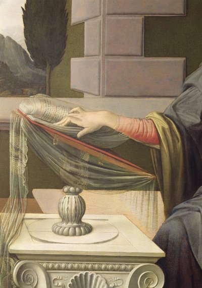 Detalle de la Virgen María, de la Anunciación (post restauración) de Leonardo da Vinci