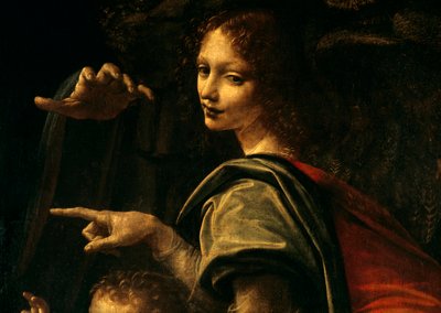 Virgen con las rocas, San Juan Bautista señalando con el dedo y mano de la Virgen María, (detalle) de Leonardo da Vinci