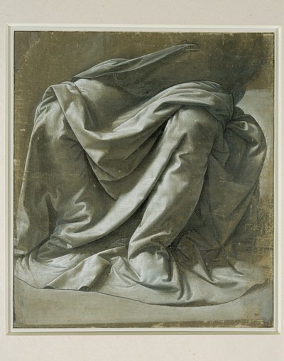 Drapeado para una figura sentada, pincel y témpera gris, reflejos blancos sobre lienzo de lino gris preparado ... de Leonardo da Vinci