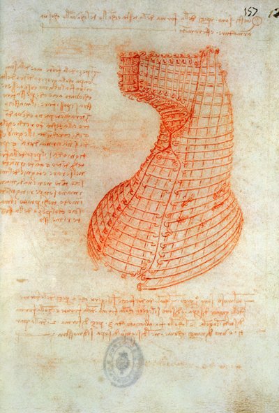 Dibujo del Molde de Fundición de Hierro para la Cabeza del Caballo Sforza, Fol. 57 (recto), del Códice Madrid I, c.1491-93 de Leonardo da Vinci