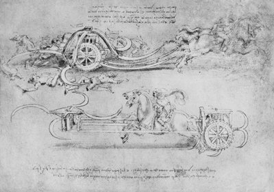 Dibujos de dos tipos de carro armado con guadañas, c. 1480-1945 de Leonardo da Vinci