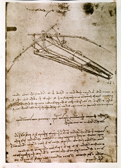 Extracto de un manuscrito de Da Vinci que describe el principio y la construcción de una "Máquina Voladora" (manuscrito) de Leonardo da Vinci