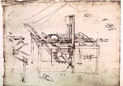 Extracto de un manuscrito de Da Vinci que describe el principio y la construcción de una "Sierra hidráulica con reenvío automático" (manuscrito) de Leonardo da Vinci