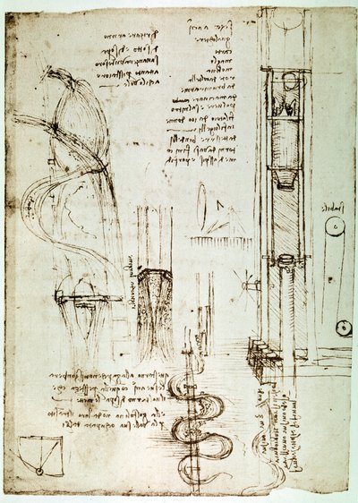 Extracto de un manuscrito de Da Vinci que describe el principio y la construcción de un "Pile Drive (Pile Mallet)" (manuscrito) de Leonardo da Vinci