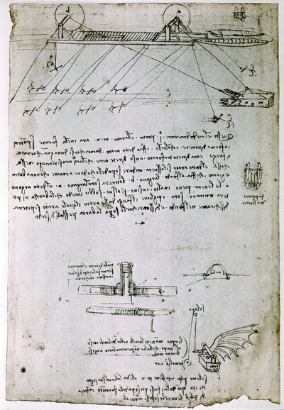 Extracto de un manuscrito de Da Vinci que describe el principio y la construcción de una "draga de mar" (manuscrito) de Leonardo da Vinci