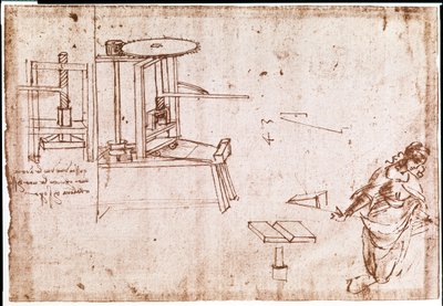 Extracto de un manuscrito de Da Vinci que describe el principio y la construcción de una "Máquina de Prensa" para imprimir (manuscrito) de Leonardo da Vinci