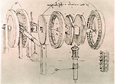Extracto de un manuscrito de Da Vinci que describe el principio y la construcción de la "Transformación del movimiento alterno en movimiento continuo" (manuscrito). de Leonardo da Vinci