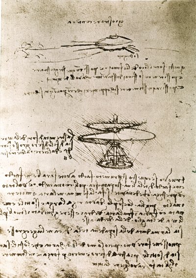 Extracto de un manuscrito de Da Vinci que describe el principio y la construcción del "Tornillo aéreo (helicóptero)" (manuscrito) de Leonardo da Vinci