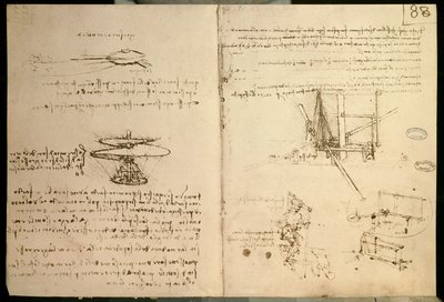 Máquinas voladoras, uno de los primeros dibujos de una máquina voladora tipo helicóptero, c. 1487 de Leonardo da Vinci