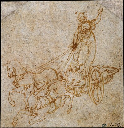 Diosa de pie en un carro tirado por dos caballos, uno de los cuales se está cayendo de Leonardo da Vinci