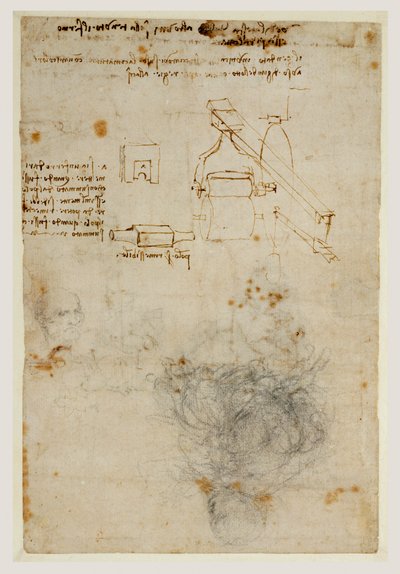 Cabeza de un anciano y estudios de maquinaria, c.1503-06 de Leonardo da Vinci