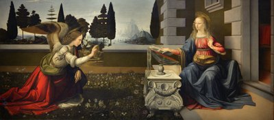 Italia Toscana Florencia, Galería de los Uffizi: La Anunciación, Pintura de Leonardo da Vinci (1452-1519), Óleo sobre madera, ca. 1472-1475, 98x217 cm de Leonardo da Vinci