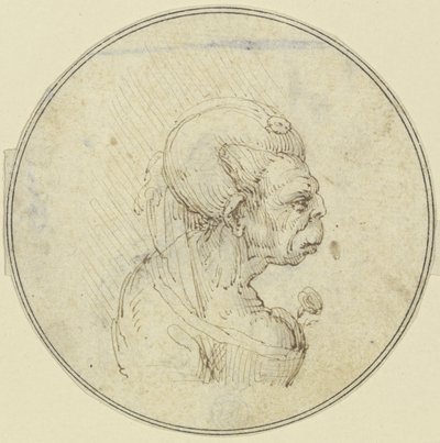 Caricatura de una anciana, retrato de medio cuerpo con una rosa en el pecho, de perfil hacia la derecha de Leonardo da Vinci