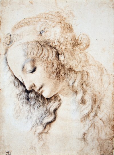 Leonardo da Vinci (Leonardo da Vinci) (1452 - 1519): Retrato de una niña con los ojos cerrados y la cabeza baja con el cabello adornado con una banda enriquecida con joyas de Leonardo da Vinci