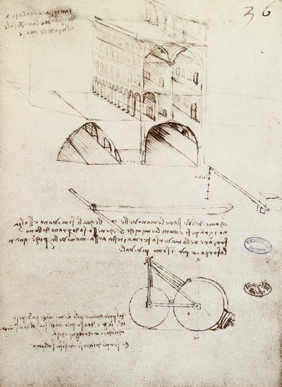Manuscrito B, f 36 r Estudios arquitectónicos, desarrollo y secciones de edificios en la ciudad con calles elevadas de Leonardo da Vinci