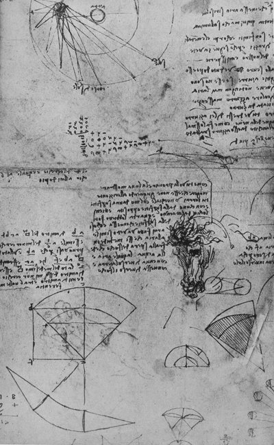 Notas sobre astronomía y estudio de la cabeza de un caballo, c1480 1945 de Leonardo da Vinci