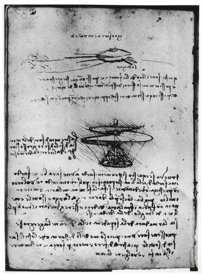 Manuscrito de París B, fol. 83v: Página de texto y bocetos para una máquina voladora, 1488-90 de Leonardo da Vinci