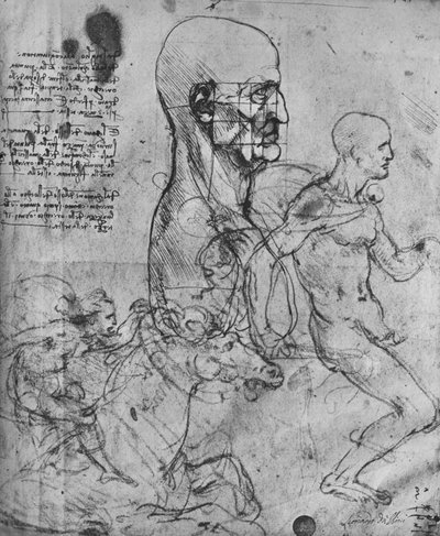 Perfil de un hombre cuadrado para proporción y estudios de jinetes, c.1480 de Leonardo da Vinci