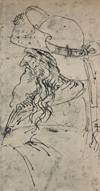 Perfil a la Izquierda de un Viejo con un Gran Sombrero, c. 1480 1945 de Leonardo da Vinci