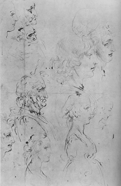 Perfiles de hombres y medio cuerpo de una niña de Leonardo da Vinci