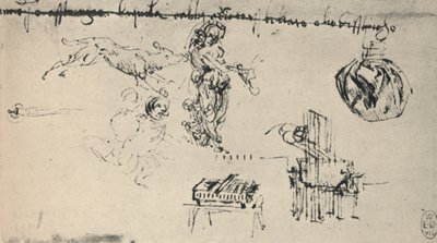 Hoja de estudios con una joven, un lobo, etc., c. 1480 1945 de Leonardo da Vinci