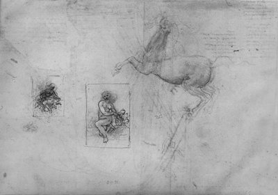 Bocetos para una Leda Arrodillada y de un Caballo, c1480 1945 de Leonardo da Vinci