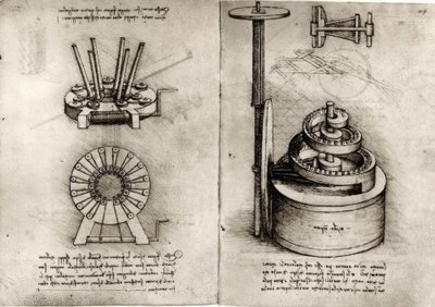 Estudios sobre la mecánica; a la derecha resorte de un reloj de Leonardo da Vinci