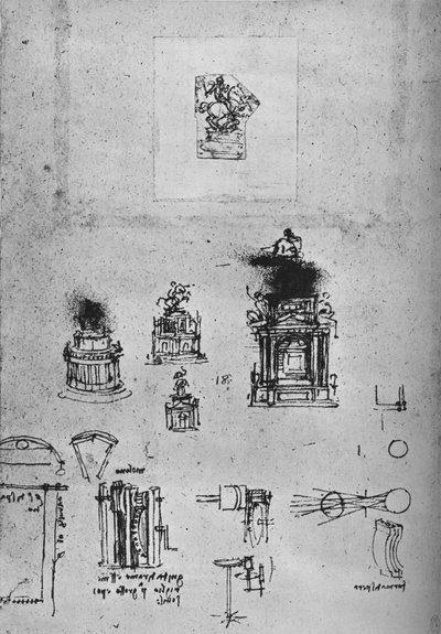Estudios para un monumento ecuestre y estudios de maquinaria, c1480 1945 de Leonardo da Vinci