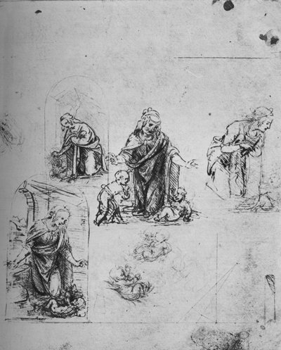 Estudios para la Virgen adorando al Niño Jesús, c. 1480, 1945 de Leonardo da Vinci