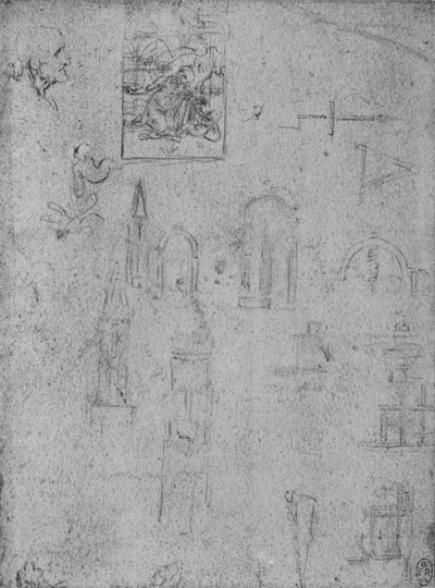 Estudios de arquitectura y de una Virgen adorando al Niño Cristo de Leonardo da Vinci