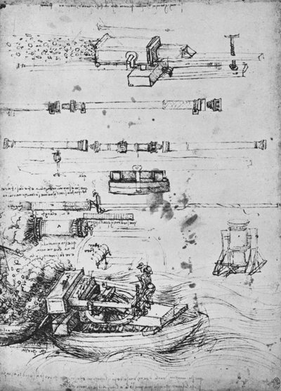 Estudios de morteros, uno disparando desde un bote, y de cañón, c. 1480 de Leonardo da Vinci