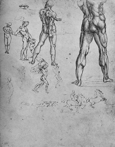 Estudios de soldado desnudo con espada y bocetos más pequeños de Leonardo da Vinci