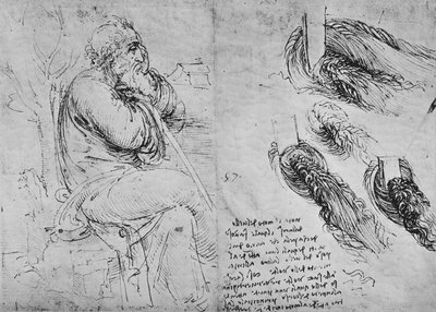 Estudios de un anciano sentado y de agua arremolinada, c1480 1945 de Leonardo da Vinci