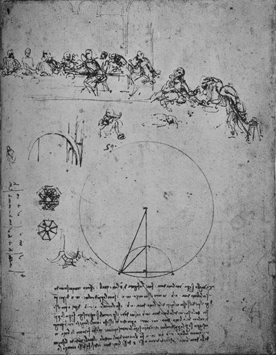 Estudio para la Última Cena y figuras matemáticas y cálculos, c. 1480 1945 de Leonardo da Vinci