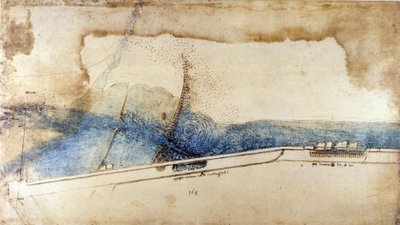 Estudio para la explotación de la fuerza del agua en máquinas hidráulicas (noria) por Leonardo da Vinci (1452-1519). Dibujo con pluma y tinta. de Leonardo da Vinci