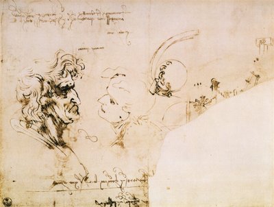 Estudio de Dos Cabezas en Perfil y Estudios de Máquinas de Leonardo da Vinci