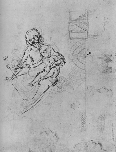Estudio de una Madonna y Niño, de perfiles y de maquinaria, 1478-1480, 1945 de Leonardo da Vinci