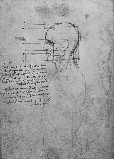 Estudio del torso desnudo de un hombre, la cabeza cuadrada para la proporción de Leonardo da Vinci