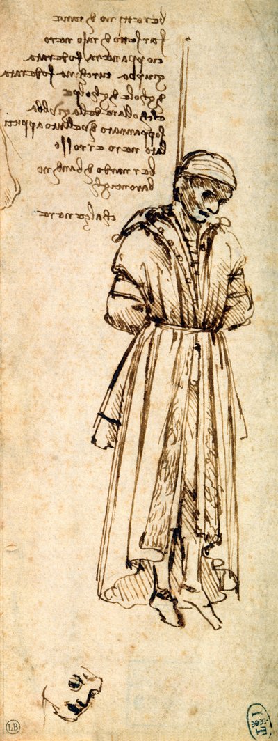 Estudio del ahorcado Bernardo di Bandino Baroncelli, asesino de Giuliano de Medici, 1479 de Leonardo da Vinci
