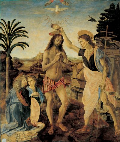 El Bautismo de Cristo alrededor de 1475 - 1478 por Andrea del Verrocchio (1436-1488) y Leonardo da Vinci (Leonardo de Vinci) (1452-1516) de Leonardo da Vinci