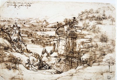 El primer dibujo conocido de Leonardo da Vinci (Leonardo de Vinci) (1452-1519), "Paisaje de Santa Maria della Neve": el paisaje del valle del Arno, cerca de Florencia de Leonardo da Vinci