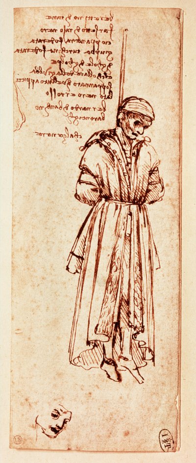El cuerpo estrangulado de Bernardo Baroncelli. Pluma y tinta de Leonardo da Vinci