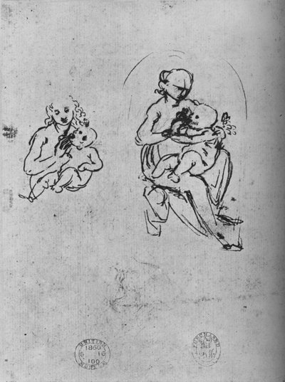 Tres estudios de una Madonna y el Niño, c1475 de Leonardo da Vinci