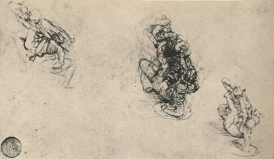 Tres estudios de un hombre apuñalando a un enemigo caído, c1480 1945 de Leonardo da Vinci