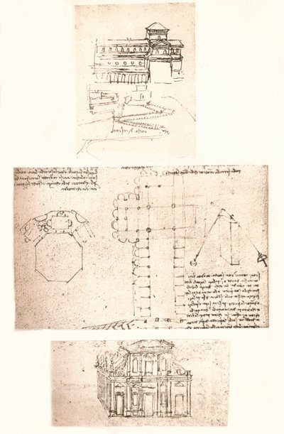 Tres dibujos de iglesias de Leonardo da Vinci