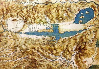 Vista topográfica del campo alrededor de la llanura de Arezzo y el Val di Chiana, principios del siglo XVI de Leonardo da Vinci