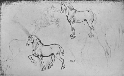 Dos estudios de caballos, uno de un jinete galopando y otros de patas de caballos, c. 1480 de Leonardo da Vinci
