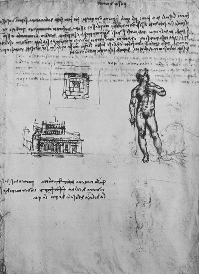 Dos estudios de una figura desnuda y la vista y el plano de un edificio, c1480 1945 de Leonardo da Vinci