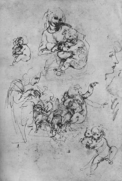 Dos estudios de la Madonna y el Niño con un gato y tres estudios del Niño, 1475-1481, 1945 de Leonardo da Vinci